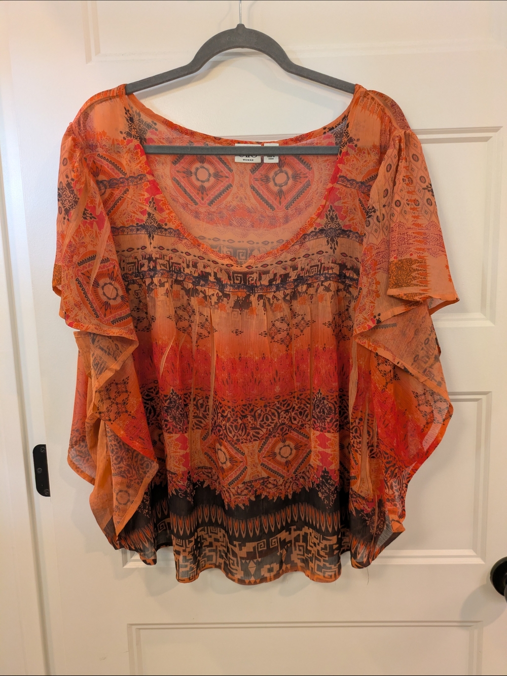 🔴 3/$15 Orange Multi-Print Flutter Sleeve Blouse